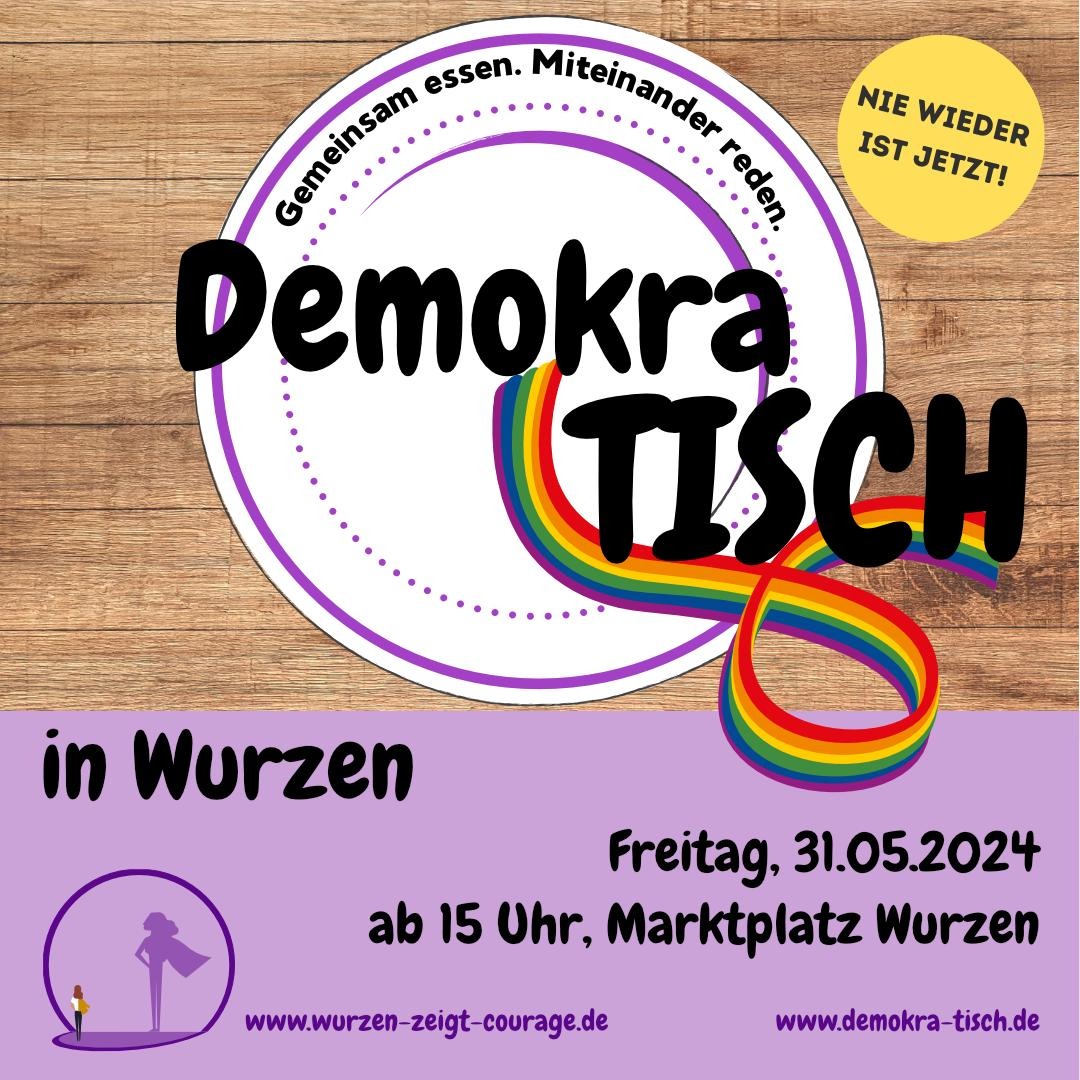 Der erste #DemokraTISCH in #Wurzen - diesen Freitag, 31.05., ab 15 Uhr auf dem Marktplatz! Gemeinsam essen, miteinander ins Gespräch kommen! Es gibt Kaffee und Kuchen satt, auch für die Kinderbetreuung ist gesorgt. Wir freuen uns auf Eurer Kommen! 